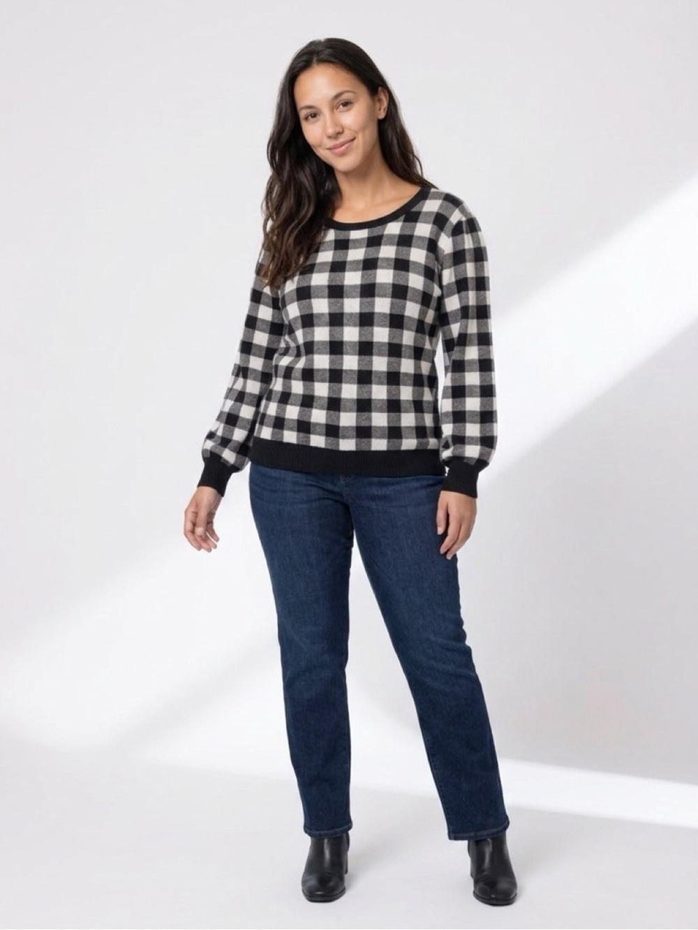 Susan Graver Balloon Sleeve Gingham Print Sweater Size XL